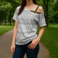 Tonga White Sunday Cross Shoulder Shirt Tongan Ngatu Siale Pattern - Polynesian Pride