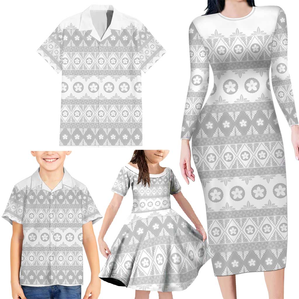 Tonga White Sunday Family Matching Long Sleeve Bodycon Dress and Hawaiian Shirt Tongan Ngatu Siale Pattern - Polynesian Pride