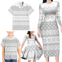 Tonga White Sunday Family Matching Long Sleeve Bodycon Dress and Hawaiian Shirt Tongan Ngatu Siale Pattern - Polynesian Pride