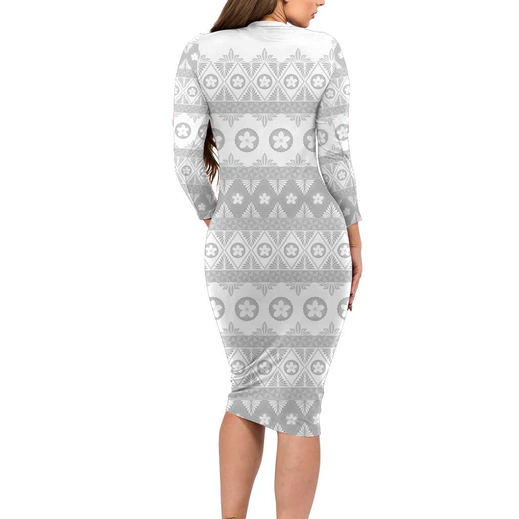 Tonga White Sunday Family Matching Long Sleeve Bodycon Dress and Hawaiian Shirt Tongan Ngatu Siale Pattern - Polynesian Pride