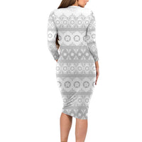 Tonga White Sunday Family Matching Long Sleeve Bodycon Dress and Hawaiian Shirt Tongan Ngatu Siale Pattern - Polynesian Pride
