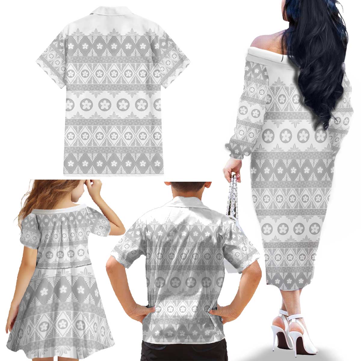 Tonga White Sunday Family Matching Off The Shoulder Long Sleeve Dress and Hawaiian Shirt Tongan Ngatu Siale Pattern - Polynesian Pride