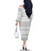 Tonga White Sunday Family Matching Off The Shoulder Long Sleeve Dress and Hawaiian Shirt Tongan Ngatu Siale Pattern - Polynesian Pride