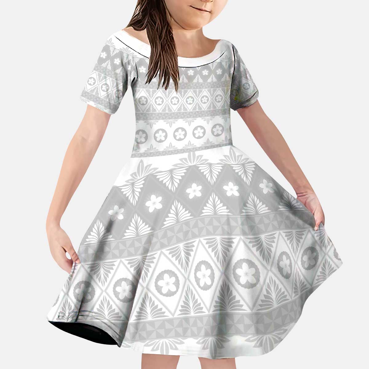Tonga White Sunday Kid Short Sleeve Dress Tongan Ngatu Siale Pattern - Polynesian Pride