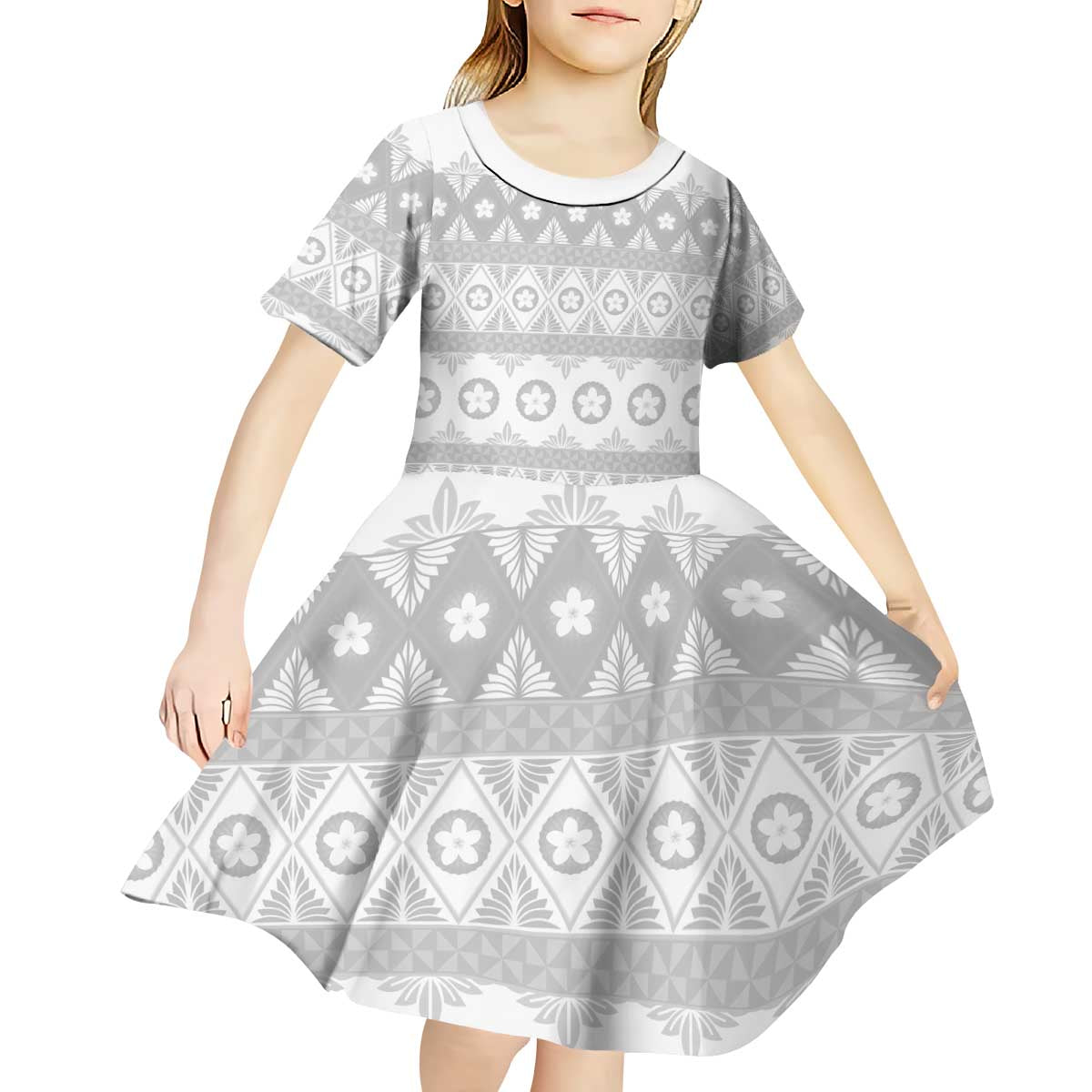 Tonga White Sunday Kid Short Sleeve Dress Tongan Ngatu Siale Pattern - Polynesian Pride