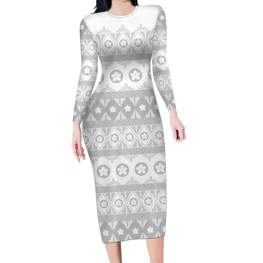 Tonga White Sunday Long Sleeve Bodycon Dress Tongan Ngatu Siale Pattern - Polynesian Pride