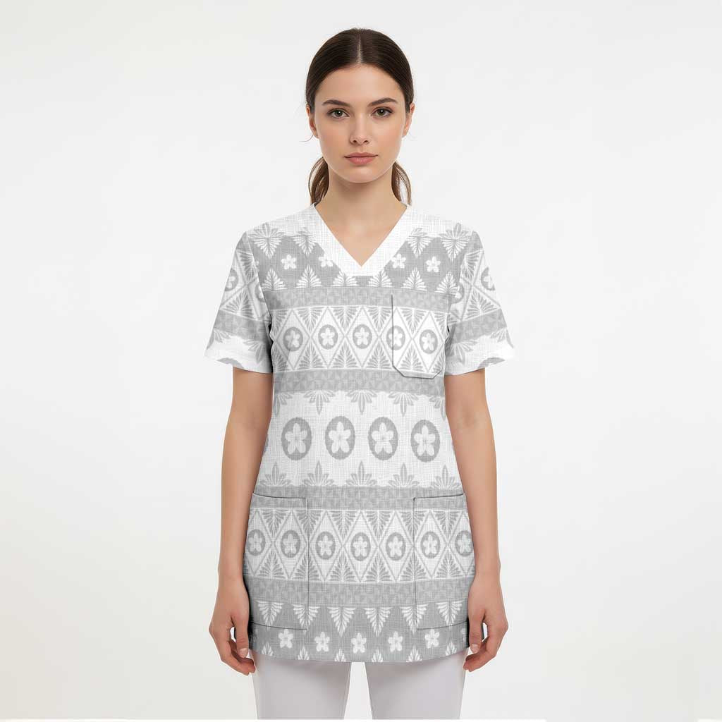 Tonga White Sunday Scrub Top Tongan Ngatu Siale Pattern - Polynesian Pride