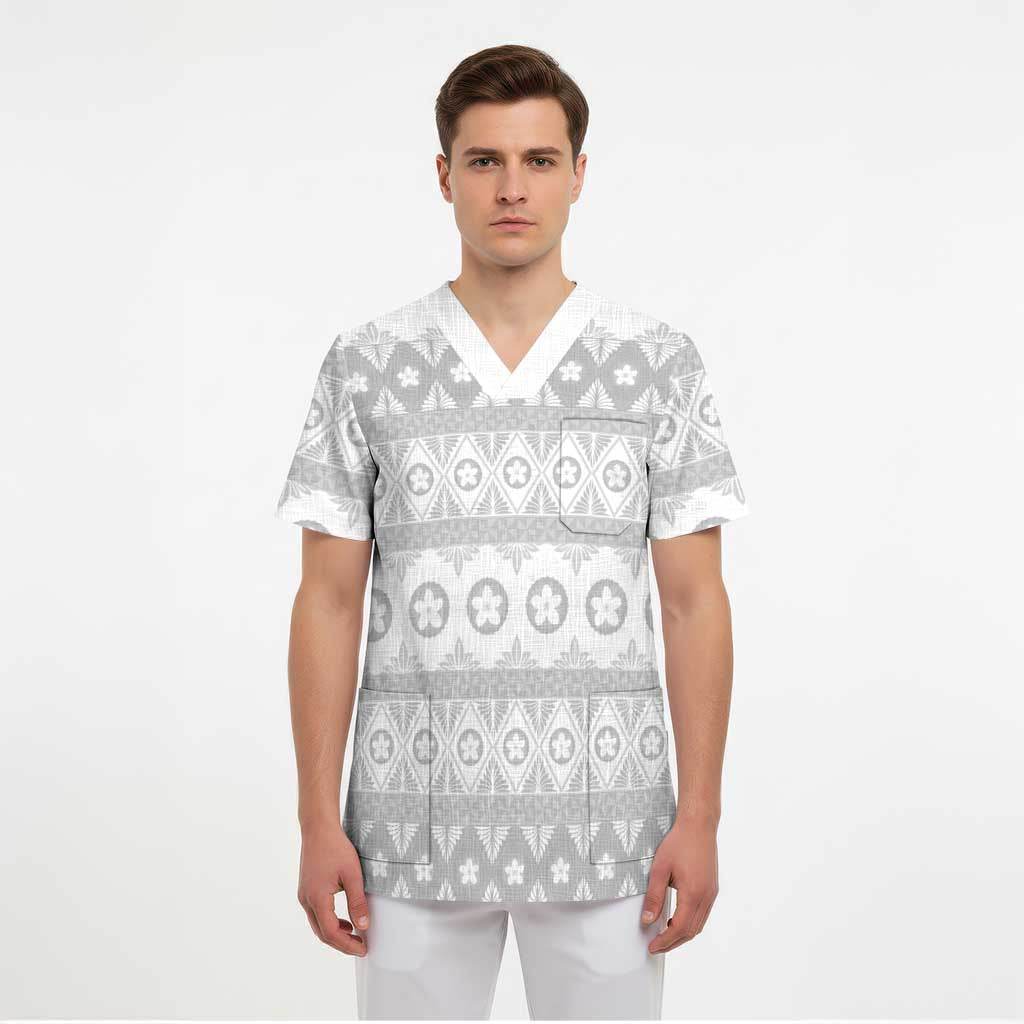 Tonga White Sunday Scrub Top Tongan Ngatu Siale Pattern - Polynesian Pride