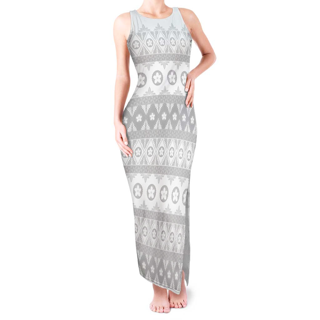 Tonga White Sunday Tank Maxi Dress Tongan Ngatu Siale Pattern - Polynesian Pride