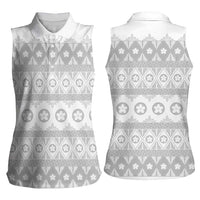 Tonga White Sunday Women Sleeveless Polo Shirt Tongan Ngatu Siale Pattern - Polynesian Pride