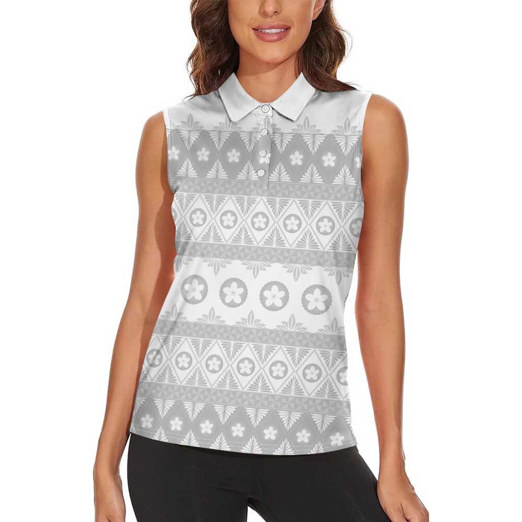 Tonga White Sunday Women Sleeveless Polo Shirt Tongan Ngatu Siale Pattern - Polynesian Pride