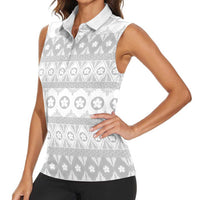 Tonga White Sunday Women Sleeveless Polo Shirt Tongan Ngatu Siale Pattern - Polynesian Pride