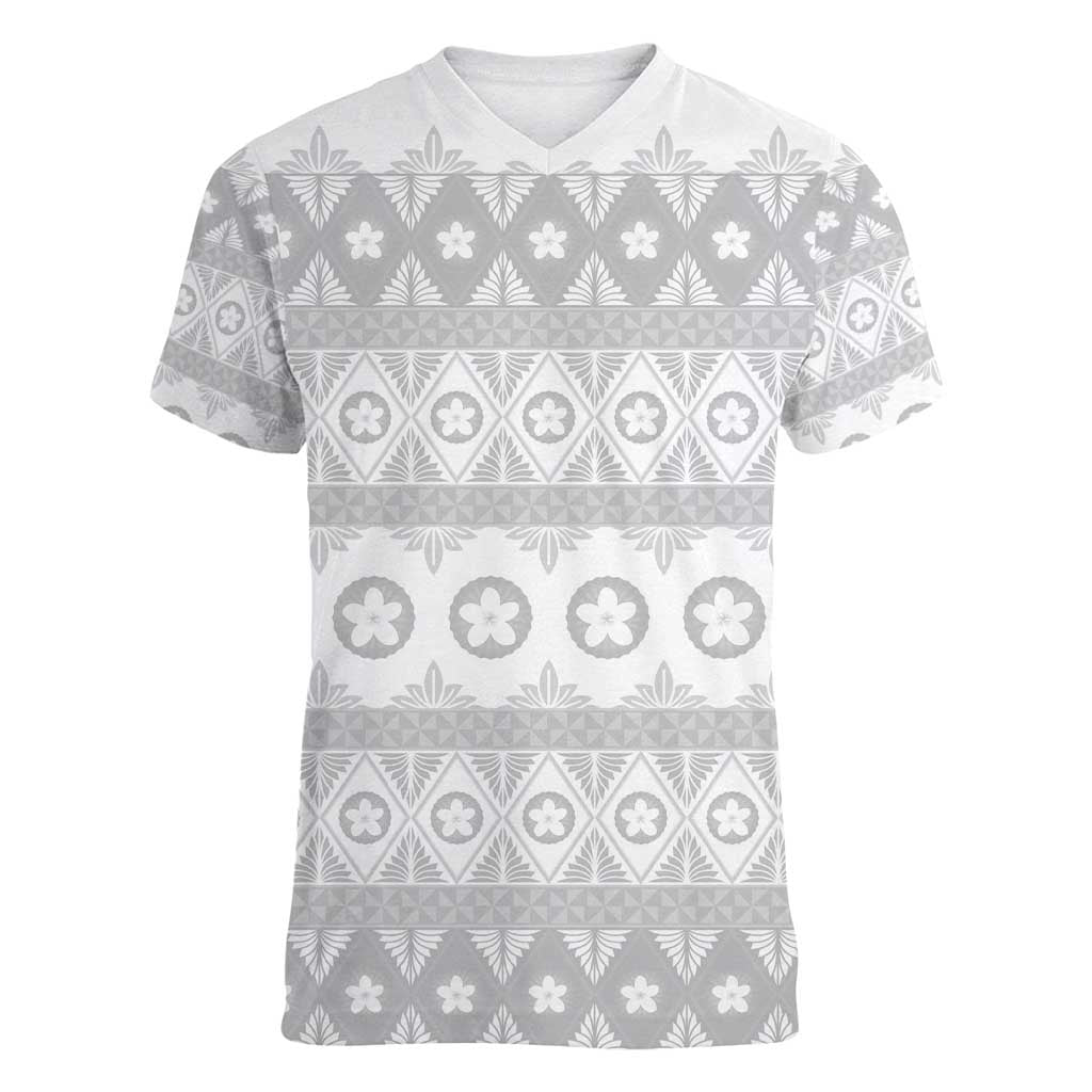 Tonga White Sunday Women V-Neck T-Shirt Tongan Ngatu Siale Pattern - Polynesian Pride