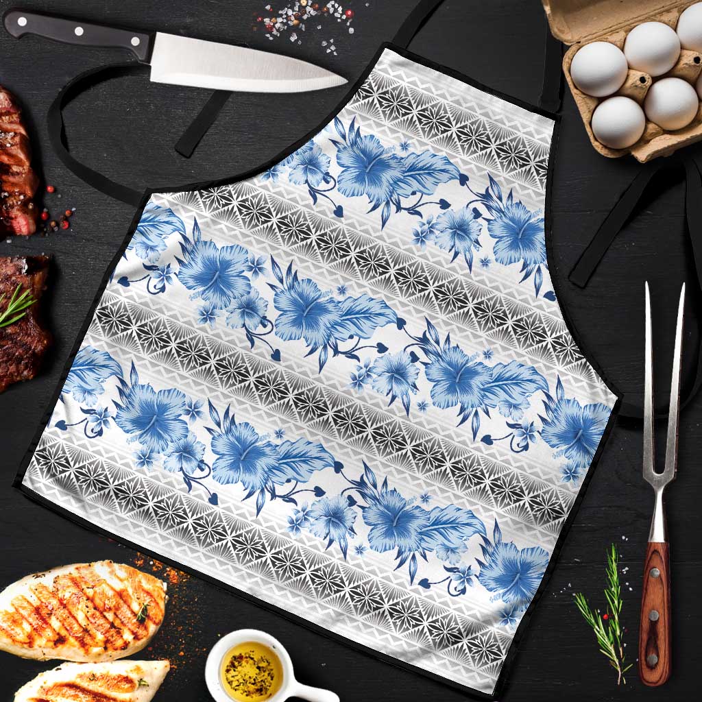 Samoa White Sunday Apron Samoan Tapa Blue Hibiscus - Polynesian Pride