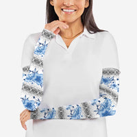 Samoa White Sunday Arm Sleeves Samoan Tapa Blue Hibiscus - Polynesian Pride