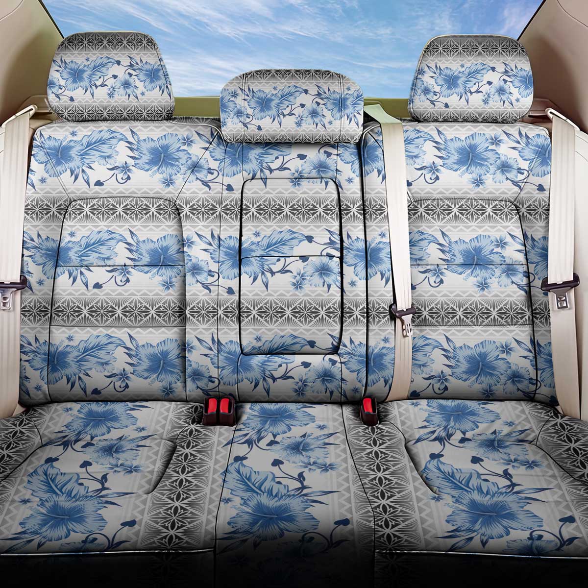 Samoa White Sunday Back Car Seat Cover Samoan Tapa Blue Hibiscus - Polynesian Pride