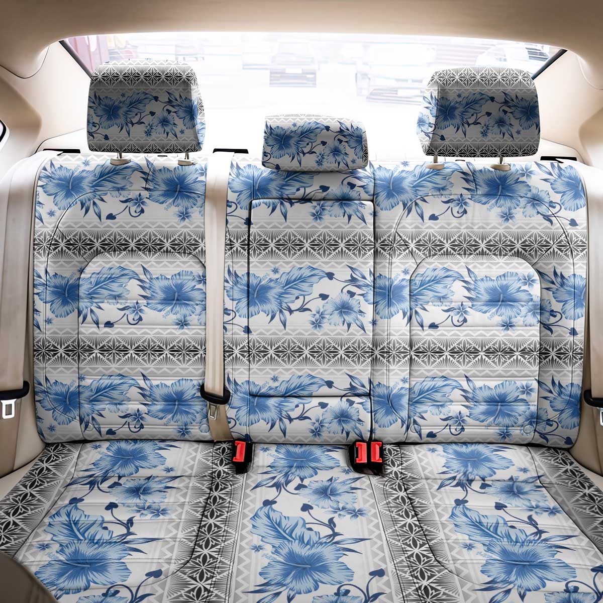 Samoa White Sunday Back Car Seat Cover Samoan Tapa Blue Hibiscus - Polynesian Pride