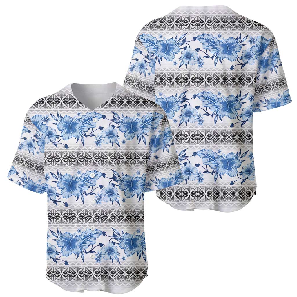 Samoa White Sunday Baseball Jersey Samoan Tapa Blue Hibiscus - Polynesian Pride