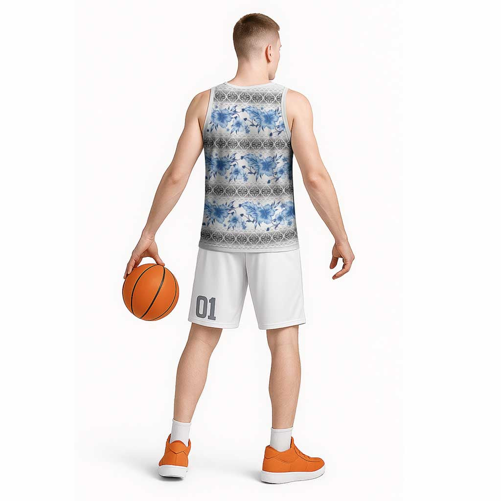 Samoa White Sunday Basketball Jersey Samoan Tapa Blue Hibiscus - Polynesian Pride