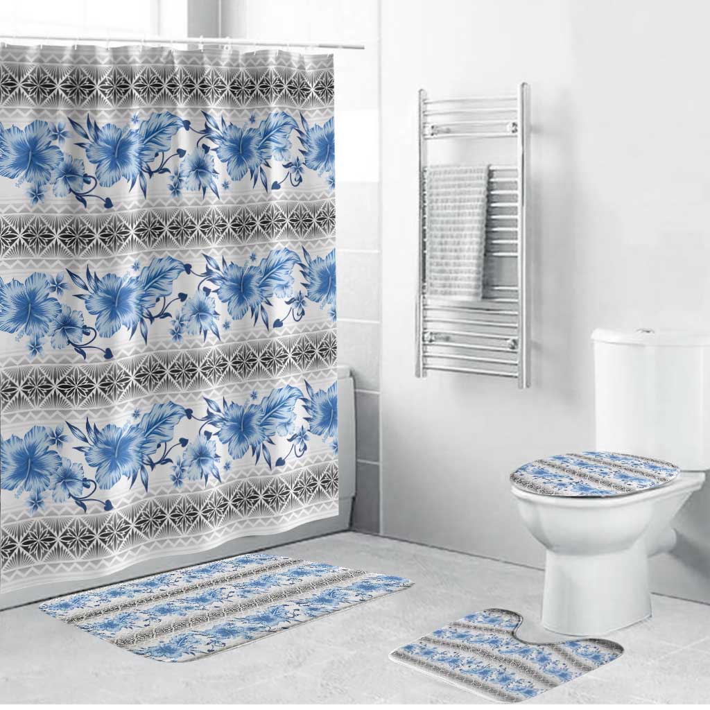 Samoa White Sunday Bathroom Set Samoan Tapa Blue Hibiscus - Polynesian Pride