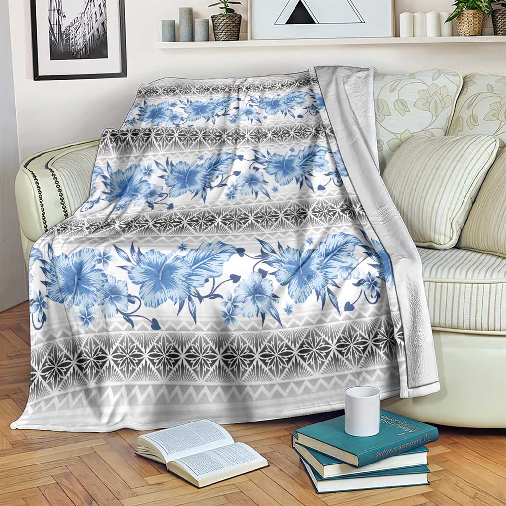 Samoa White Sunday Blanket Samoan Tapa Blue Hibiscus LT05 Blue - Polynesian Pride