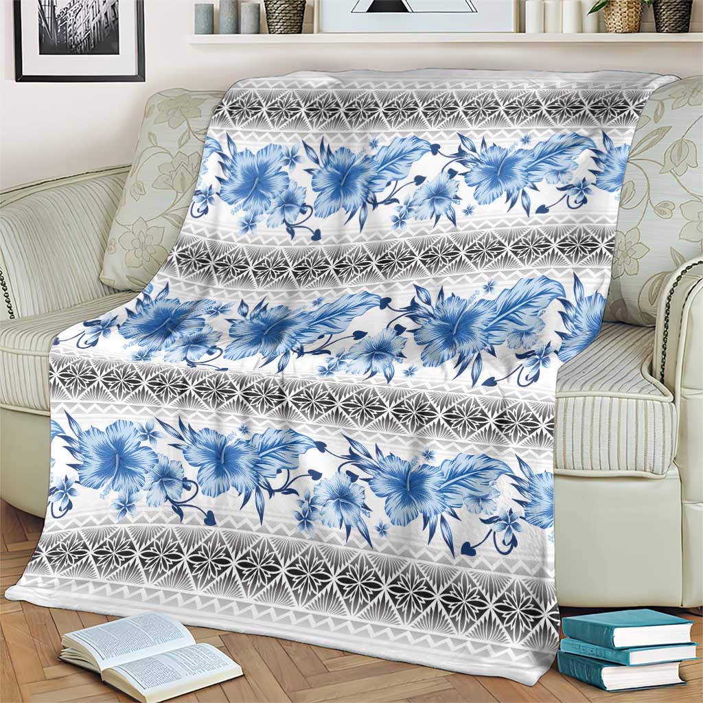 Samoa White Sunday Blanket Samoan Tapa Blue Hibiscus - Polynesian Pride