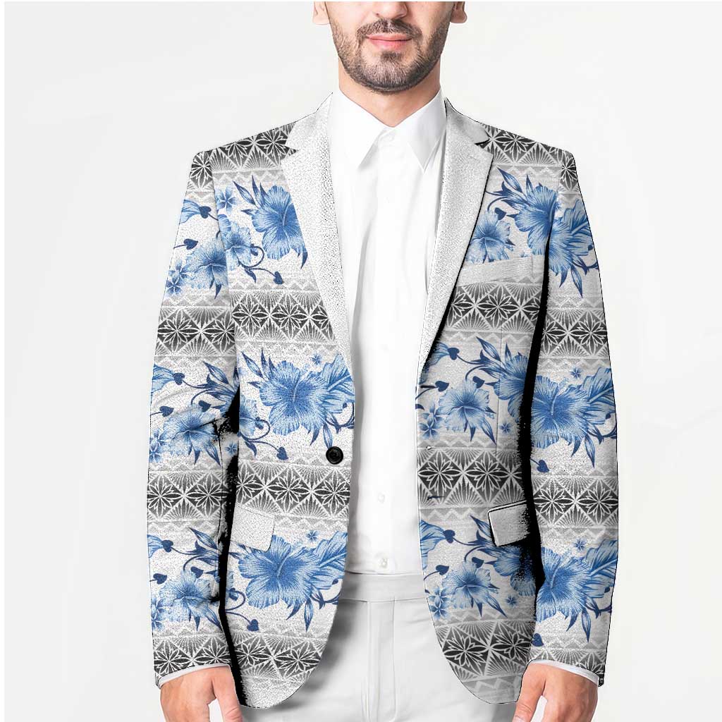 Samoa White Sunday Blazer Samoan Tapa Blue Hibiscus - Polynesian Pride