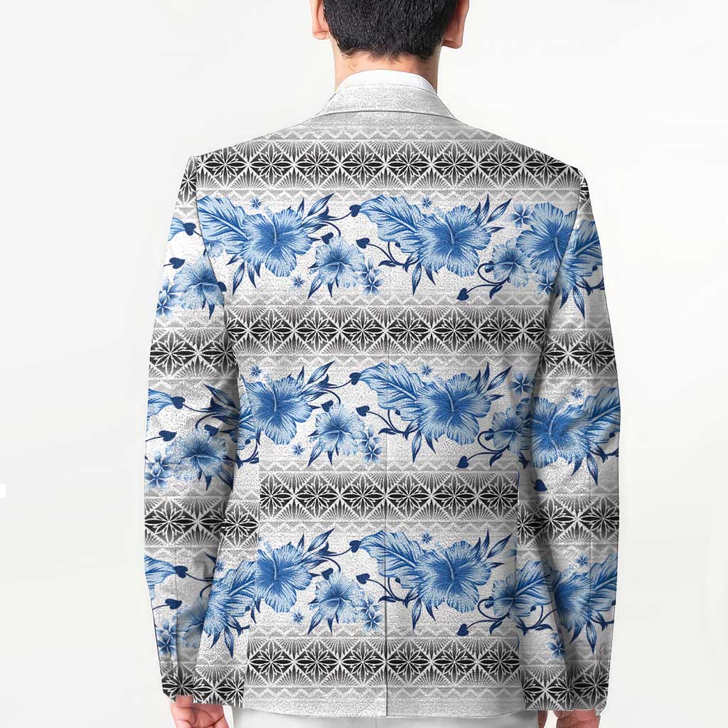 Samoa White Sunday Blazer Samoan Tapa Blue Hibiscus - Polynesian Pride
