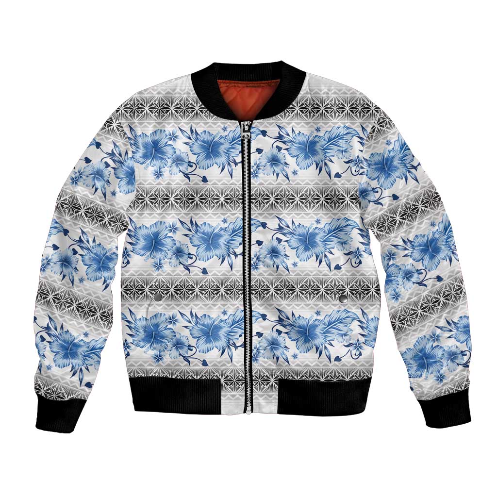 Samoa White Sunday Bomber Jacket Samoan Tapa Blue Hibiscus LT05 Unisex Blue - Polynesian Pride