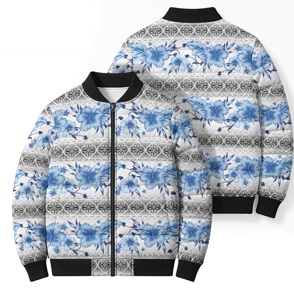 Samoa White Sunday Bomber Puffer Jacket Samoan Tapa Blue Hibiscus - Polynesian Pride