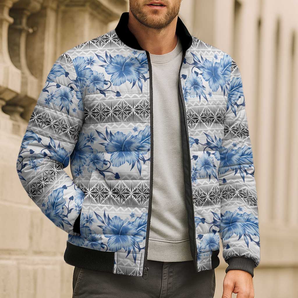 Samoa White Sunday Bomber Puffer Jacket Samoan Tapa Blue Hibiscus - Polynesian Pride