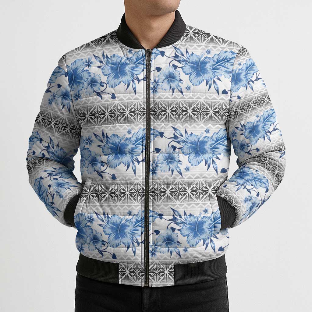 Samoa White Sunday Bomber Puffer Jacket Samoan Tapa Blue Hibiscus - Polynesian Pride