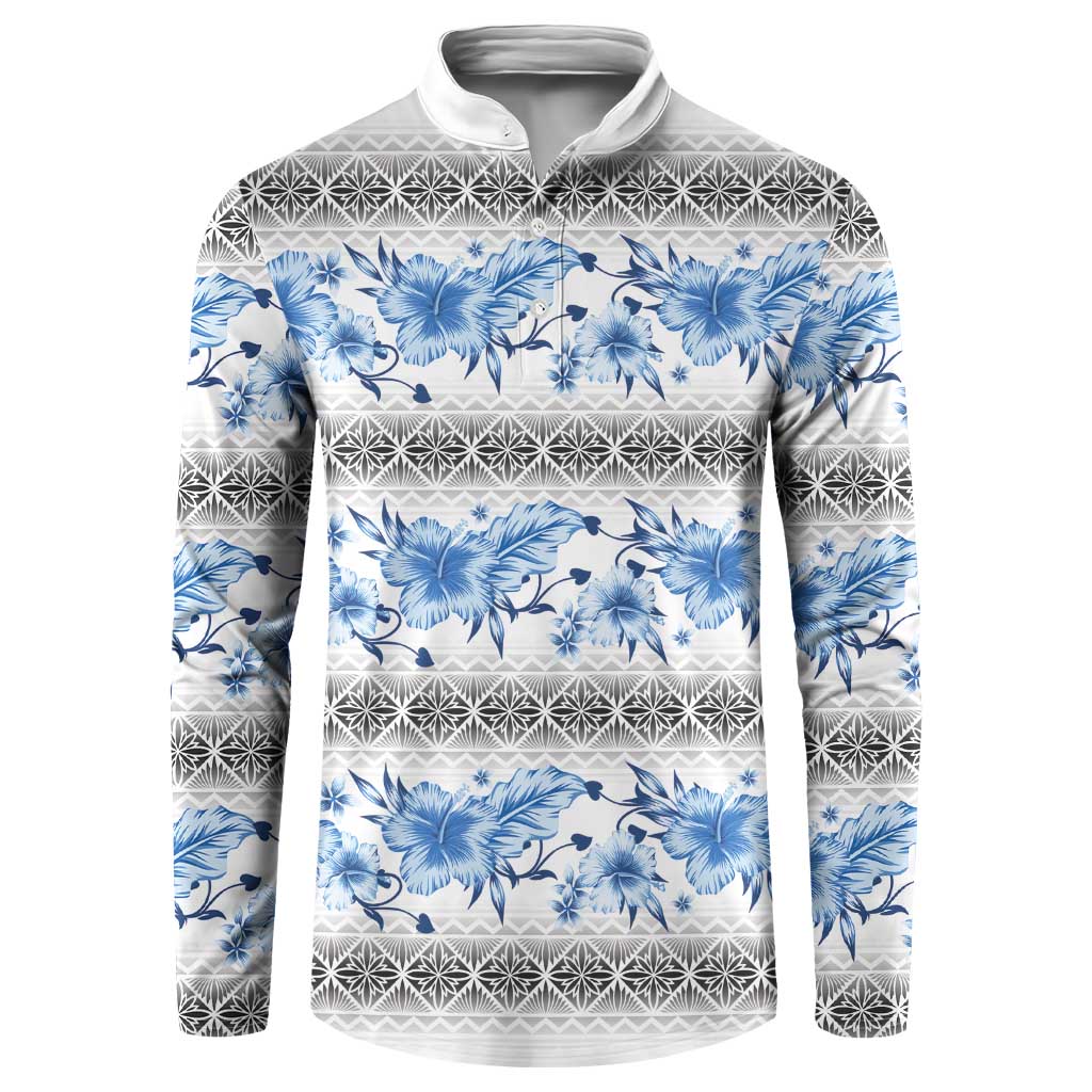 Samoa White Sunday Button Sweatshirt Samoan Tapa Blue Hibiscus - Polynesian Pride
