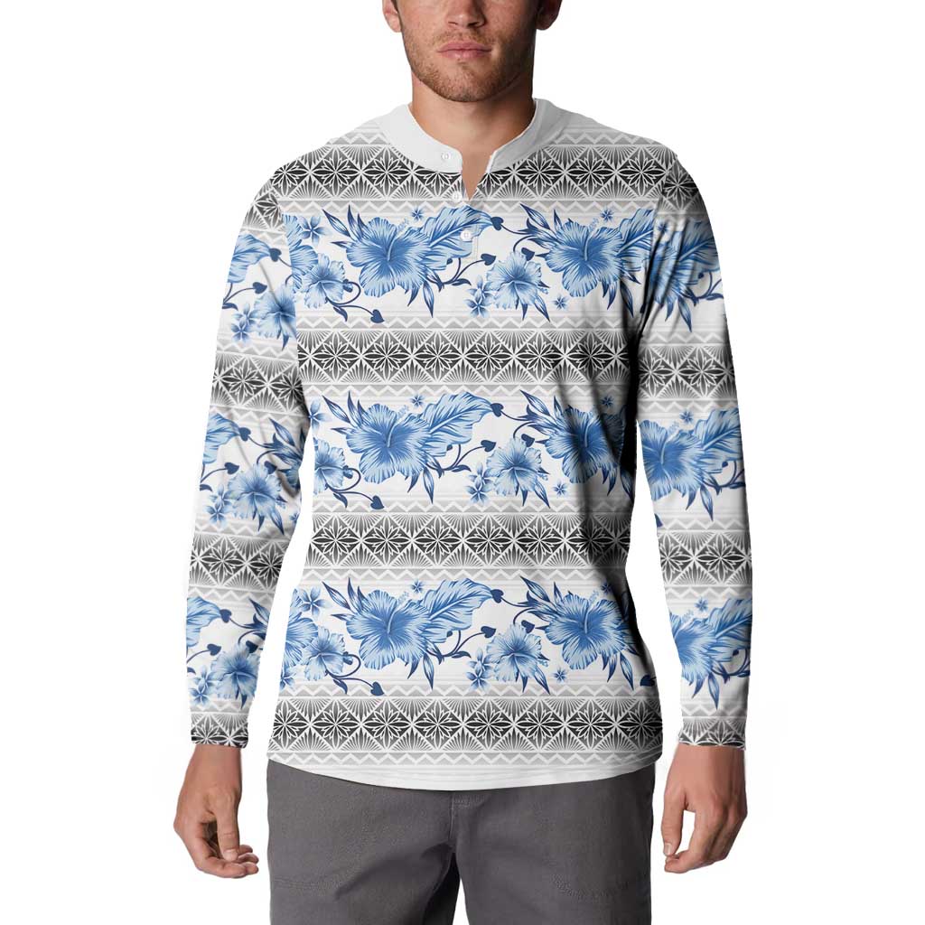 Samoa White Sunday Button Sweatshirt Samoan Tapa Blue Hibiscus - Polynesian Pride