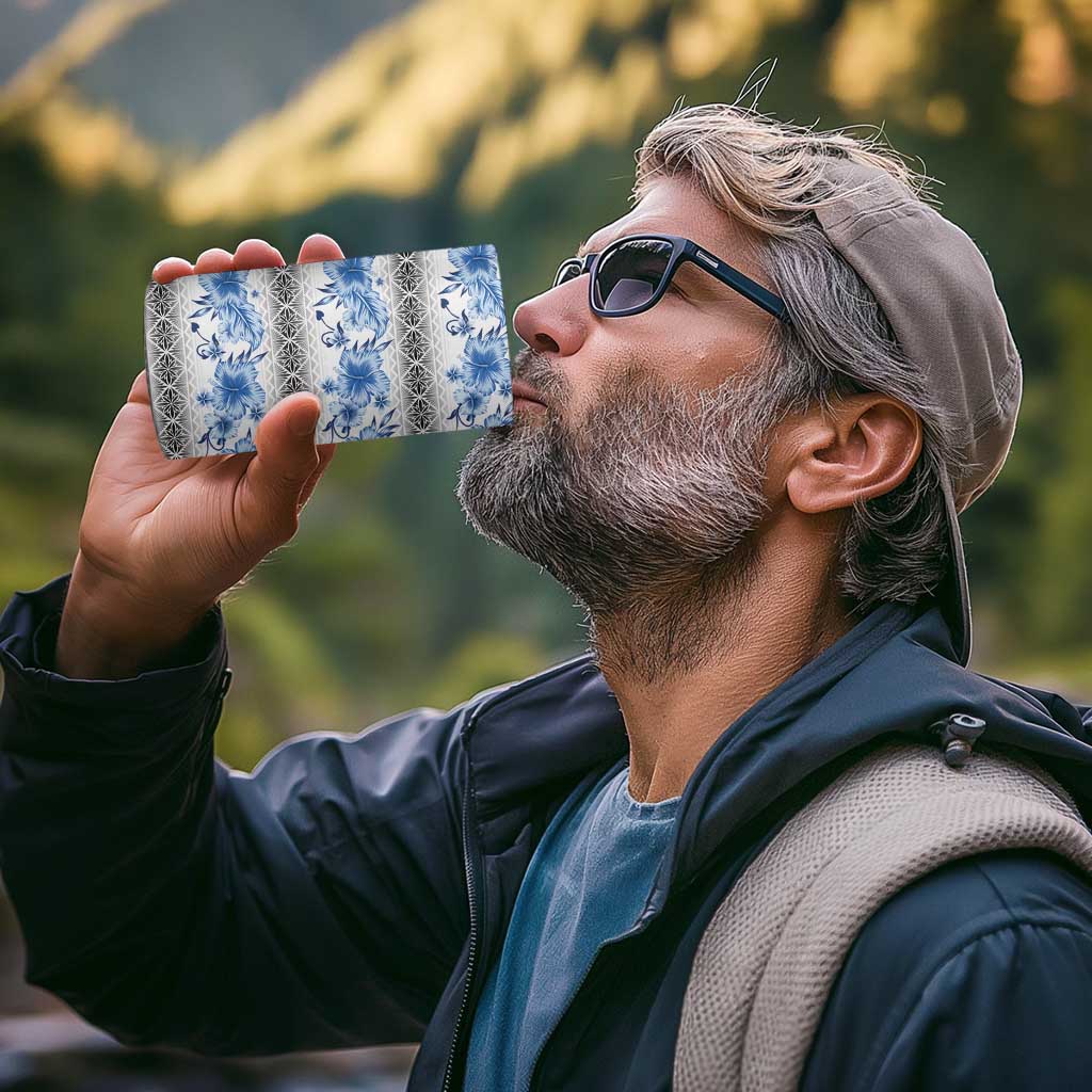 Samoa White Sunday 4 in 1 Can Cooler Tumbler Samoan Tapa Blue Hibiscus - Polynesian Pride