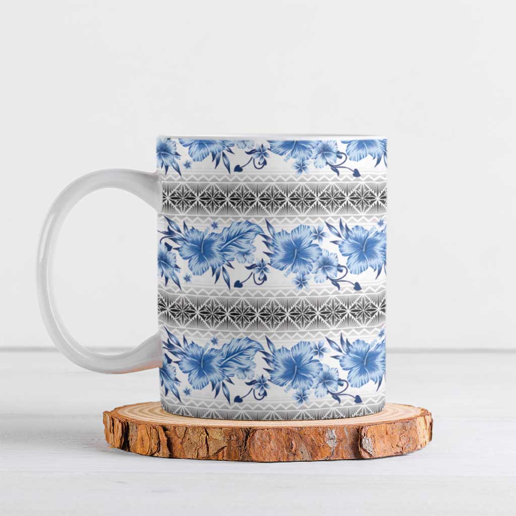 Samoa White Sunday Ceramic Mug Samoan Tapa Blue Hibiscus - Polynesian Pride