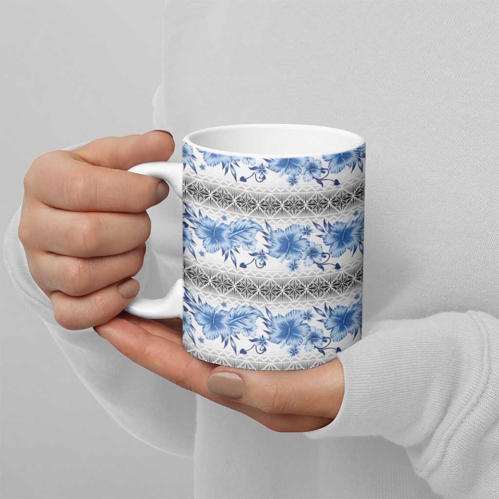 Samoa White Sunday Ceramic Mug Samoan Tapa Blue Hibiscus - Polynesian Pride