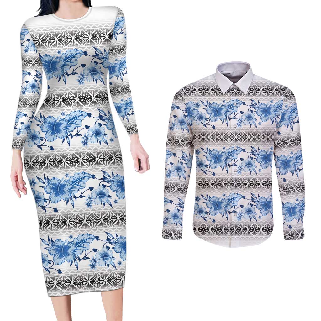 Samoa White Sunday Couples Matching Long Sleeve Bodycon Dress and Long Sleeve Button Shirt Samoan Tapa Blue Hibiscus - Polynesian Pride
