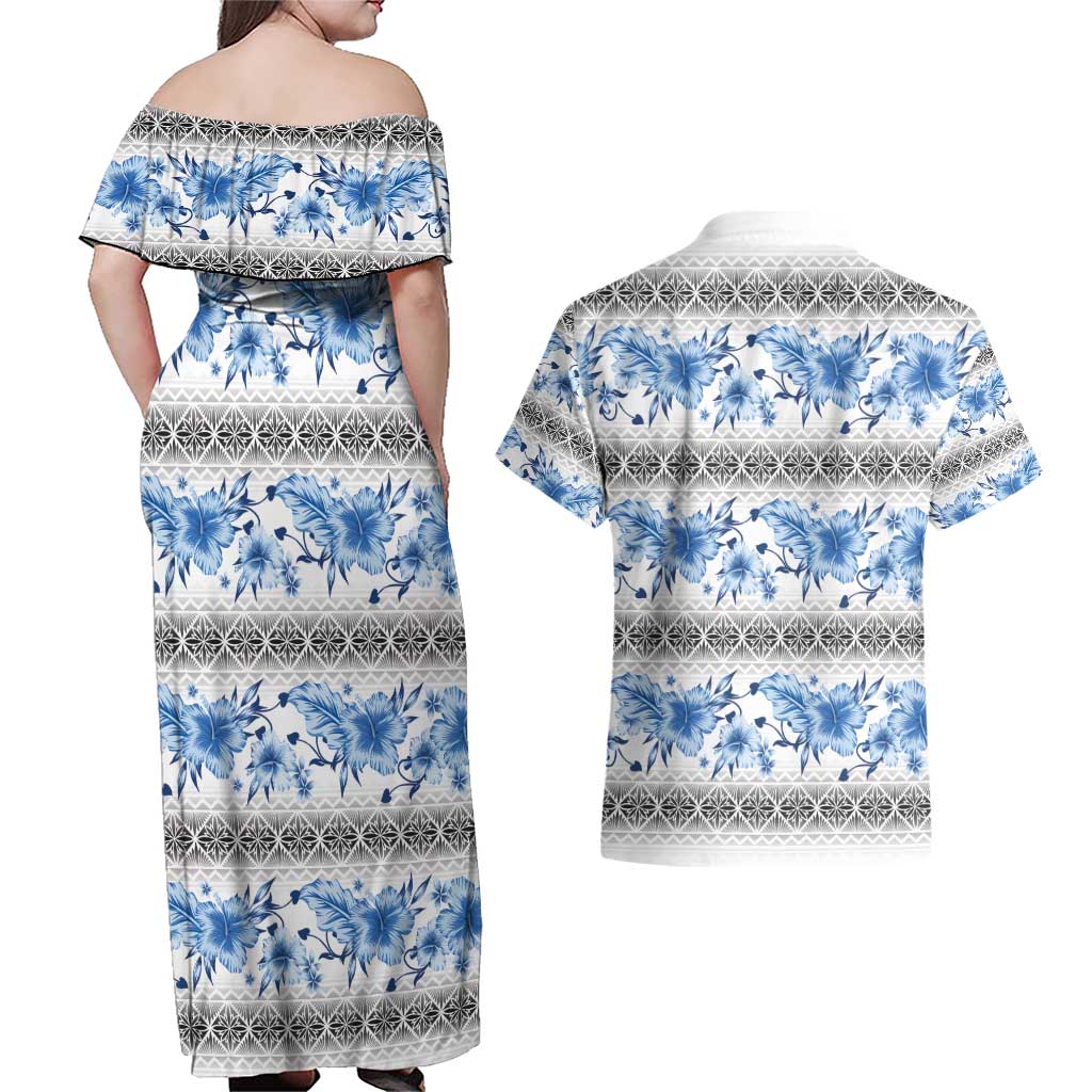 Samoa White Sunday Couples Matching Off Shoulder Maxi Dress and Hawaiian Shirt Samoan Tapa Blue Hibiscus - Polynesian Pride