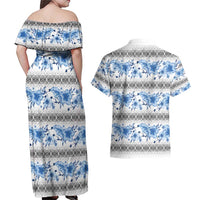 Samoa White Sunday Couples Matching Off Shoulder Maxi Dress and Hawaiian Shirt Samoan Tapa Blue Hibiscus - Polynesian Pride