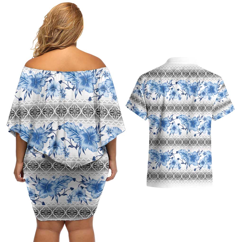 Samoa White Sunday Couples Matching Off Shoulder Short Dress and Hawaiian Shirt Samoan Tapa Blue Hibiscus - Polynesian Pride