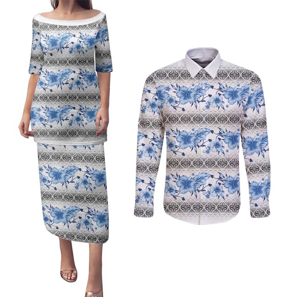 Samoa White Sunday Couples Matching Puletasi and Long Sleeve Button Shirt Samoan Tapa Blue Hibiscus - Polynesian Pride
