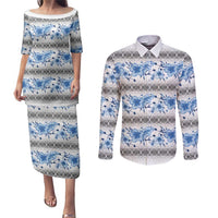 Samoa White Sunday Couples Matching Puletasi and Long Sleeve Button Shirt Samoan Tapa Blue Hibiscus - Polynesian Pride