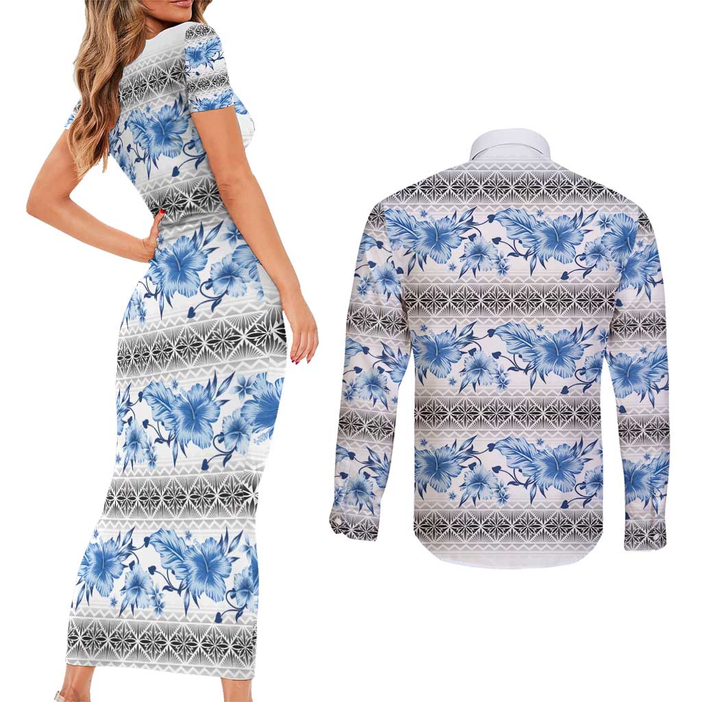 Samoa White Sunday Couples Matching Short Sleeve Bodycon Dress and Long Sleeve Button Shirt Samoan Tapa Blue Hibiscus - Polynesian Pride