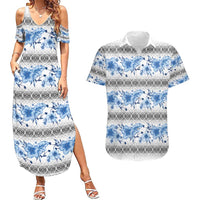 Samoa White Sunday Couples Matching Summer Maxi Dress and Hawaiian Shirt Samoan Tapa Blue Hibiscus - Polynesian Pride