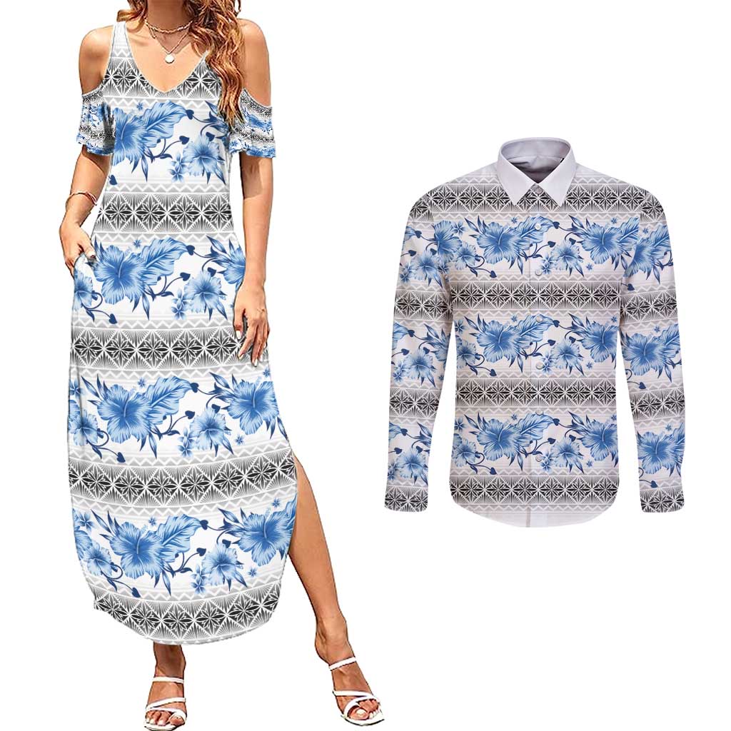 Samoa White Sunday Couples Matching Summer Maxi Dress and Long Sleeve Button Shirt Samoan Tapa Blue Hibiscus - Polynesian Pride