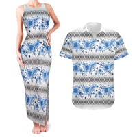 Samoa White Sunday Couples Matching Tank Maxi Dress and Hawaiian Shirt Samoan Tapa Blue Hibiscus - Polynesian Pride
