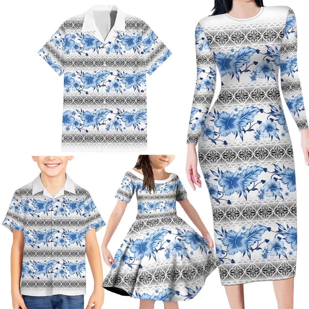 Samoa White Sunday Family Matching Long Sleeve Bodycon Dress and Hawaiian Shirt Samoan Tapa Blue Hibiscus - Polynesian Pride