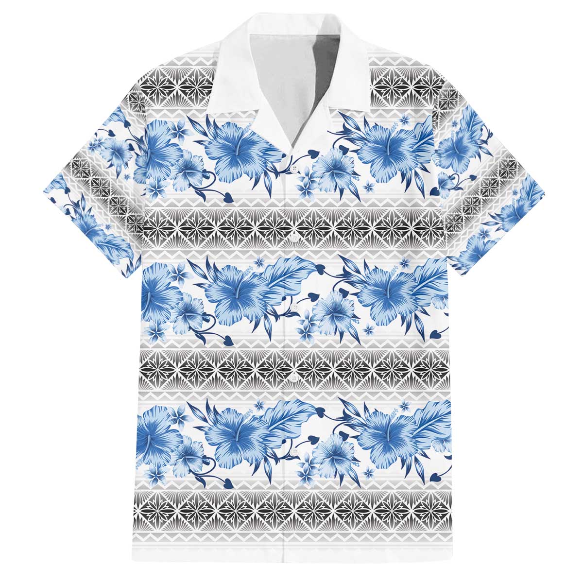Samoa White Sunday Family Matching Off The Shoulder Long Sleeve Dress and Hawaiian Shirt Samoan Tapa Blue Hibiscus - Polynesian Pride