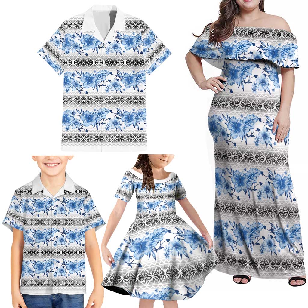 Samoa White Sunday Family Matching Off Shoulder Maxi Dress and Hawaiian Shirt Samoan Tapa Blue Hibiscus - Polynesian Pride